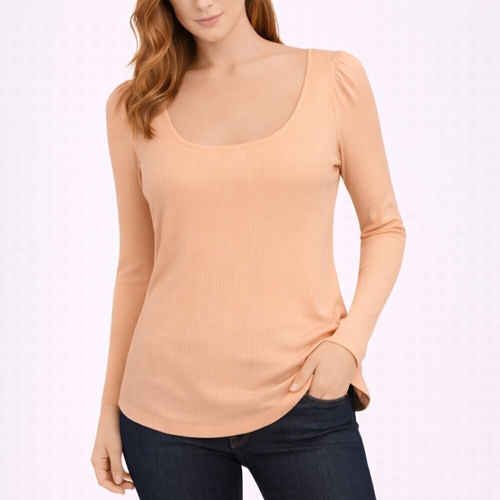 Anthropologie Peach Ribbed Long Sleeve Scoop Top - Size Small